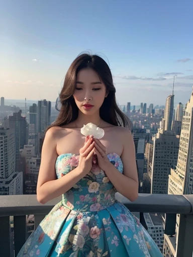 (((full medium shot))), (Masterpiece, photorealistic, photorealism, best quality, ultra-detailed:1.3), (nice hands, perfect hands), official art, cinematic light, (1girl:1.3), adult, a photograph of a double exposure of a woman standing in front of a city skyline, her silhouette filled with the intricate details of botanical illustrations. The flowers matched her dress, transforming her into a powerful nature goddess with the concrete jungle at her command.