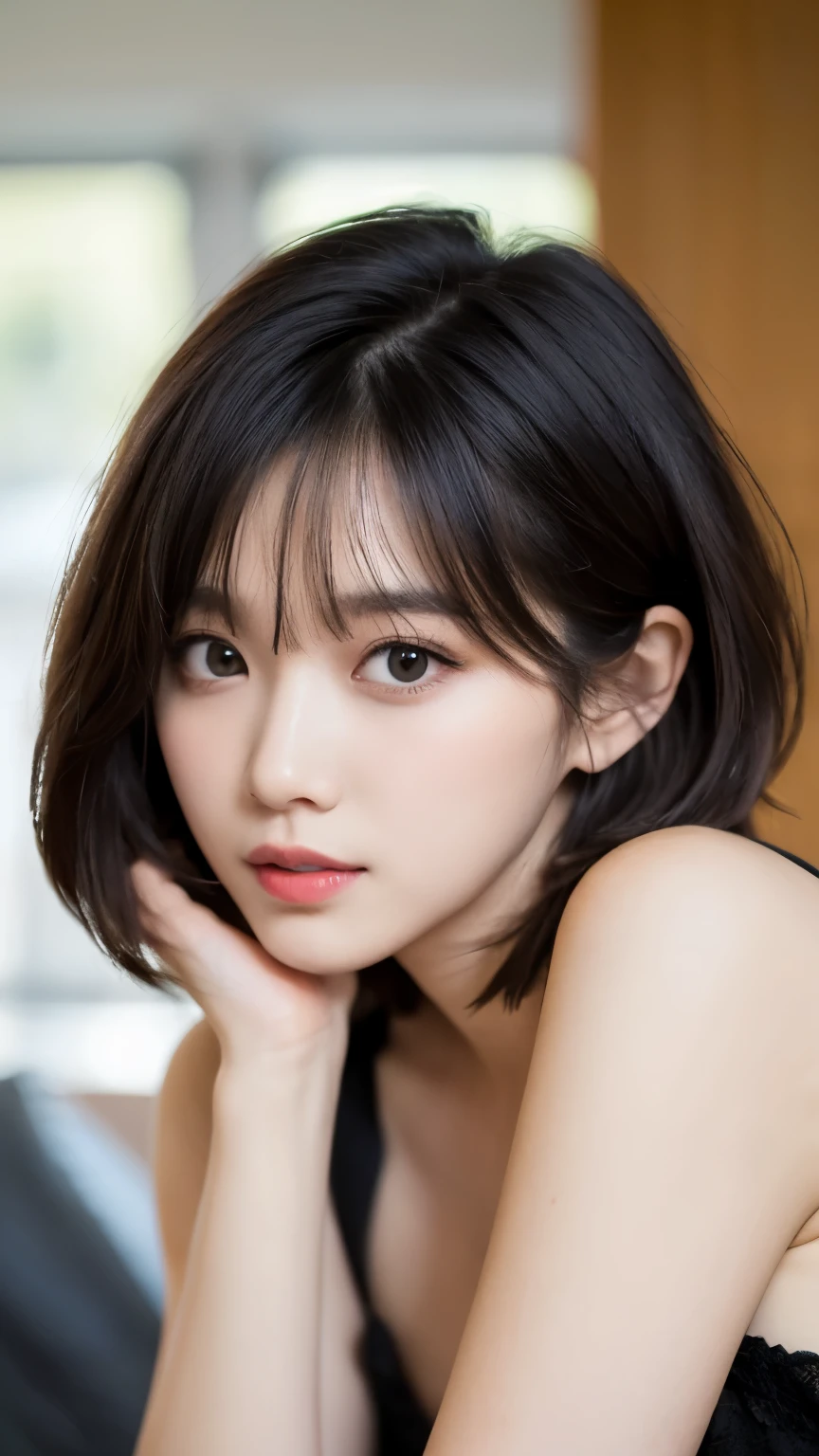 ulzzang-6500-v1.1, (Raw photo:1.2), (Photoreal), (See-through:1.3), (genuine:1.4), (muste piece:1.3), beautiful women, Female college student, masterpiece, 90&#39;s vibe, Classic Look, highest quality, super detailed, photo-realistic, shining eyes, detailed face, clavicle, beautiful eyes, black eye, detailed eyeshadow, black hair, lip gloss, pink lip, Makeup, (Charm:1.5), sharp focus, clear eyes, hunter's eyes, eyelash, full body, (wavy hair:1.1),(short hair:1.3), black dress,(beautiful:1.5)