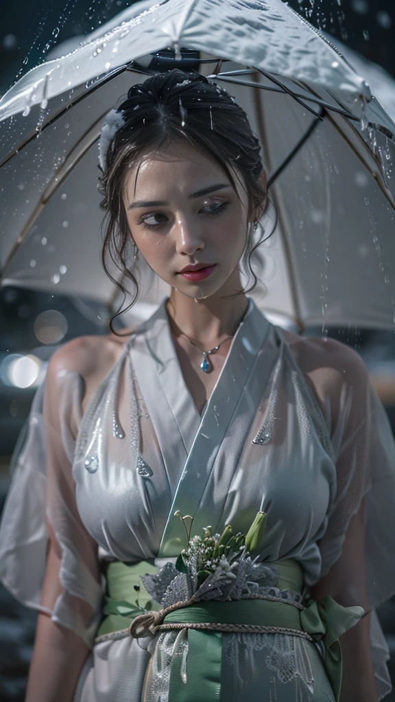 (RAW shooting, Photoreal:1.5, 8K, highest quality, masterpiece, ultra high resolution), ((((heavy snow, Blizzard)))), Highly detailed skin and facial textures:1.3, perfect dynamic composition:1.2, (In front of a shrine at night in a modern city, expression of sadness:1.0, Tears are flowing:1.0, cry with a broken heart:1.0), Slim office lady wet in the rain:1.3, cowboy shot, Fair skin:1.2, sexy beauty:1.1, perfect style:1.2, beautiful and aesthetic:1.1, very beautiful face:1.2, water droplets on the skin, (rain drips all over my body:1.2, wet body:1.2, wet hair:1.3), (Professional kimono dressing:1.1, Holding a bouquet of wet lilies:1.2, Wear a wet silver kimono correctly:1.3), (Medium chest, Bra see-through, Chest gap),  (Eyes that feel beautiful eros:0.8, Too erotic:0.8, Bewitching:0.8), necklace, earrings, bracelet, wedding ring, Highly detailed and accurate hand and finger representations