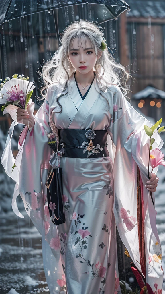 (RAW shooting, Photoreal:1.5, 8K, highest quality, masterpiece, ultra high resolution), ((((heavy snow, Blizzard)))), Highly detailed skin and facial textures:1.3, perfect dynamic composition:1.2, (In front of a shrine at night in a modern city, expression of sadness:1.0, Tears are flowing:1.0, cry with a broken heart:1.0), Slim office lady wet in the rain:1.3, cowboy shot, Fair skin:1.2, sexy beauty:1.1, perfect style:1.2, beautiful and aesthetic:1.1, very beautiful face:1.2, water droplets on the skin, (rain drips all over my body:1.2, wet body:1.2, wet hair:1.3), (Professional kimono dressing:1.1, Holding a bouquet of wet lilies:1.2, Wear a wet silver kimono correctly:1.3), (Medium chest, Bra see-through, Chest gap), (Eyes that feel beautiful eros:0.8, Too erotic:0.8, Bewitching:0.8), necklace, earrings, bracelet, wedding ring, Highly detailed and accurate hand and finger representations