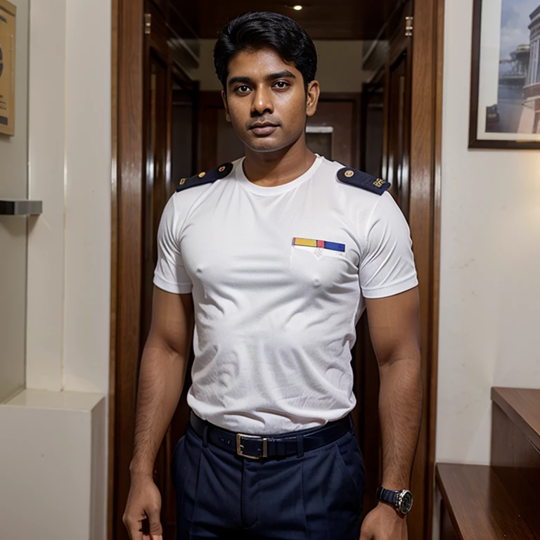 25 years old indian gurjar hunk in navy security guard uniform with batches on shirt and huge bulge, head to thighs