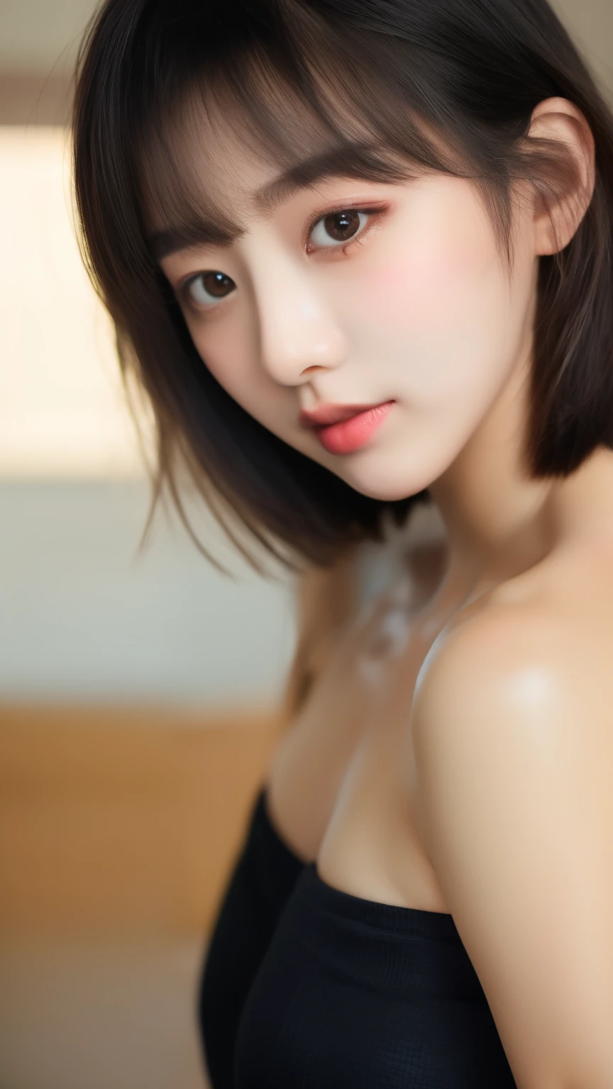 ulzzang-6500-v1.1, (Raw photo:1.2), (Photoreal), (See-through:1.3), (genuine:1.4), (muste piece:1.3), beautiful women, Female college student, masterpiece, 90&#39;s vibe, Classic Look, highest quality, super detailed, photo-realistic, shining eyes, detailed face, clavicle, beautiful eyes, black eye, detailed eyeshadow, black hair, lip gloss, pink lip, Makeup, (Charm:1.5), sharp focus, clear eyes, hunter's eyes, eyelash, full body, (wavy hair:1.1),(short hair:1.3), black dress,(beautiful:1.5)