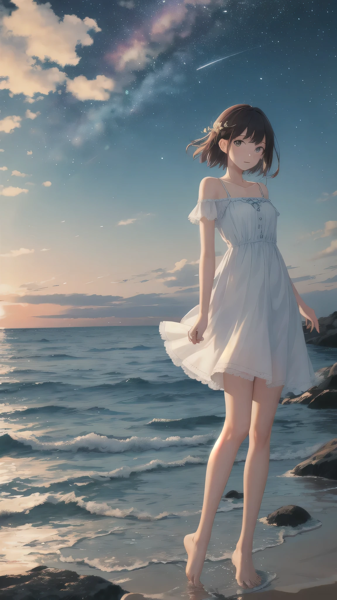 ((masterpiece, highest quality)), At night, thin clothes, girl, Put one foot in the sea with just the toe, girl standing, girl sideways, girl between the horizon and the sea, view from the side, Ripples spreading from the toes, The site is approximately 20 meters away, on the sea, At night, the whole scene shines, There is a meteor shower