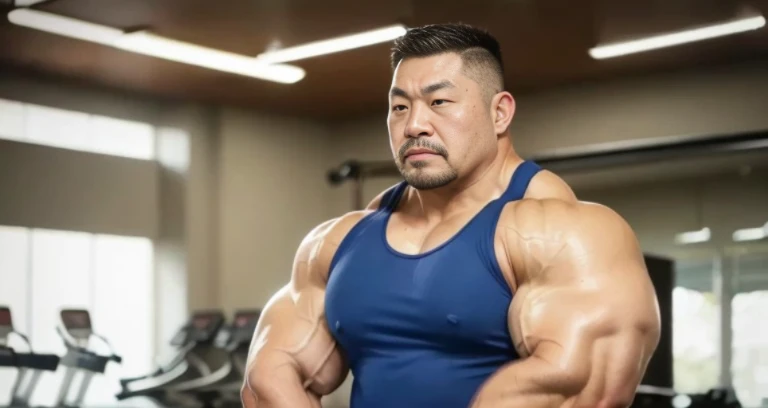 (tank top:1.4), (at gym:1.4), 40's, (Japanese face:1.4), (Korean face:1.4), (Chinese face:1.4), (Taiwanese face:1.4), manly face, fat face, (round face:1.4), (monolid eyes:1.2), (buzz cut:1.4), very large and strong body, bulky body, beefy muscles, (bulging muscles:1.4), (very large pectoral muscles:1.4), (muscular arms:1.4), muscular abs, muscular legs, muscular back, bright oily skin, (realistic:1.2), distant view