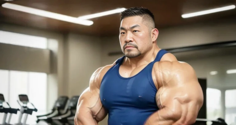 (tank top:1.4), (at gym:1.4), 40's, (Japanese face:1.4), (Korean face:1.4), (Chinese face:1.4), (Taiwanese face:1.4), manly face, fat face, (round face:1.4), (monolid eyes:1.2), (buzz cut:1.4), very large and strong body, bulky body, beefy muscles, (bulging muscles:1.4), (very large pectoral muscles:1.4), (muscular arms:1.4), muscular abs, muscular legs, muscular back, bright oily skin, (realistic:1.2), distant view