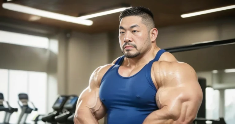 (tank top:1.4), (at gym:1.4), 40's, (Japanese face:1.4), (Korean face:1.4), (Chinese face:1.4), (Taiwanese face:1.4), manly face, fat face, (round face:1.4), (monolid eyes:1.2), (buzz cut:1.4), very large and strong body, bulky body, beefy muscles, (bulging muscles:1.4), (very large pectoral muscles:1.4), (muscular arms:1.4), muscular abs, muscular legs, muscular back, bright oily skin, (realistic:1.2), distant view