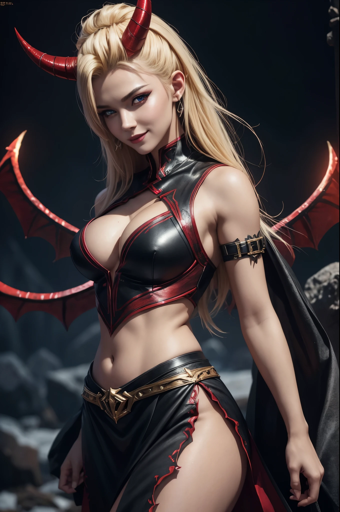 8K,Demon Slayer, the female demon,Super beautiful(like the real thing),Sexy black and red outfit,black tight skirt,devil&#39;s horns,red eyes,masterpiece,Photorealistic RAW photos of the highest quality。bright colors,rich colors, Backlight, cinematic lighting, film grain, to be born, 50MM lens, Nikon D850,fantasy art,character art,ultra high resolution,super realistic skin,beautiful expression,Dark mountain range,Devil makeup,blonde mohawk hair,smile,Close-up,