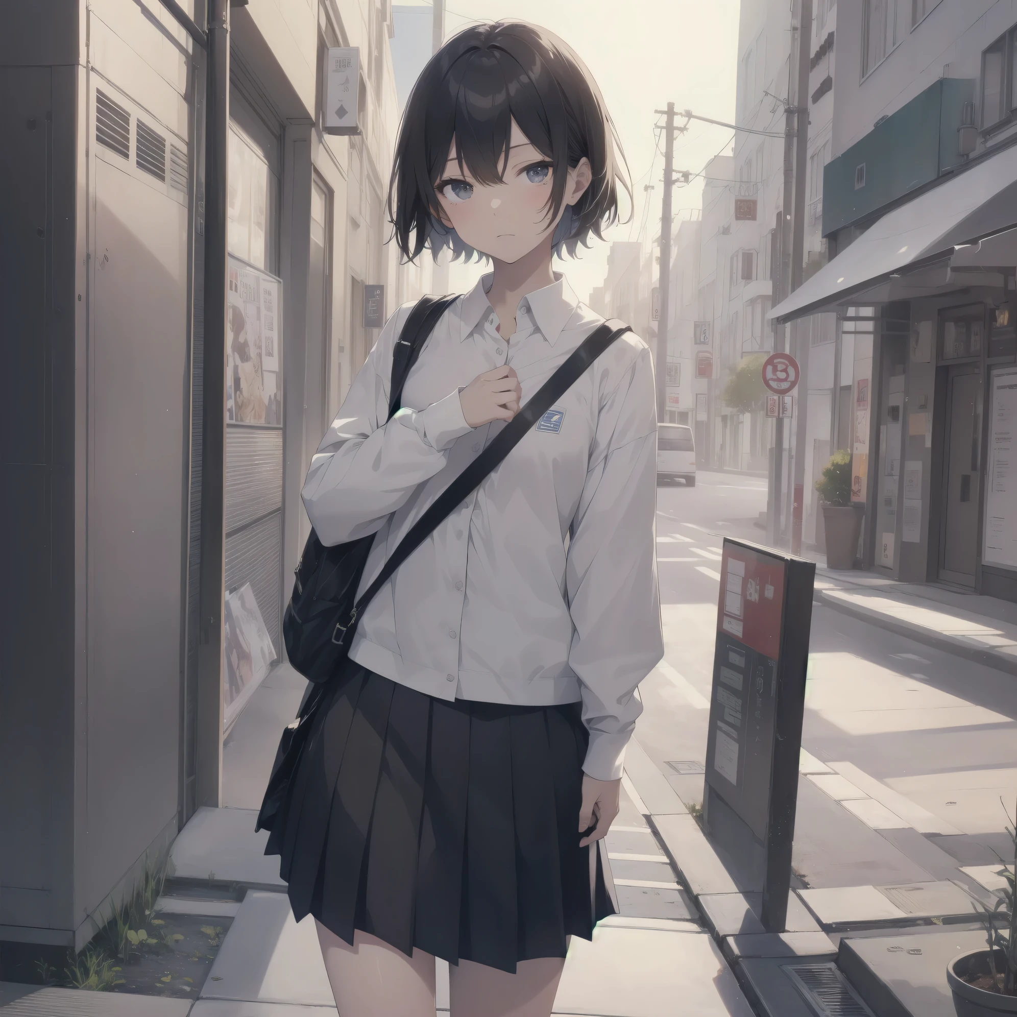 ultra-absurdres-Top quality by artist God, ultra-detailed, high resolution, anime moe artstyle, best anime 8k konachan wallpaper, pixiv contest winner, perfect anatomy,break, 1girl, (Please draw a girl walking sleepily to school alone. )break,(Solo,little female, 13-year-old:1.3),Full limbs, complete fingers,a junior high school student, Attractiveness of immature bodies, (very short hair), short cut, flat chest, , small butt, small black eyes, beautiful detailed eyes, well-proportioned iris and pupils, expressive eyes, highres detailed hair, soft expression, school_uniform, white shirt, pleated skirt,(Detailed Lighting), (Detailed background), in the School commute route. break,super detailed skin, Best cinematic lighting powered by famous artist, 8k,beauty illustration,photoshop_(medium),very aesthetic,break,((artist:fujiyama )), artist:akinashi_yuu ,artist:oyari_ashito ,artist:kantoku ,