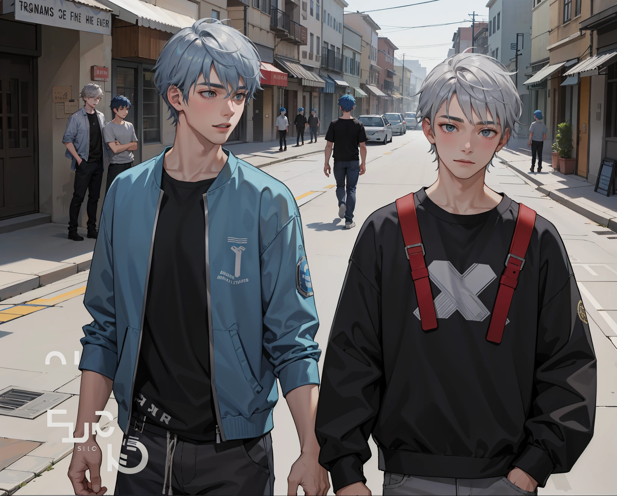 In the background is a silver city Two 15-year-old age friends with blue hair, With Latin skin and light gray hair on the outskirts of a large silver city they are talking about an important topic they are friends almost like brothers........