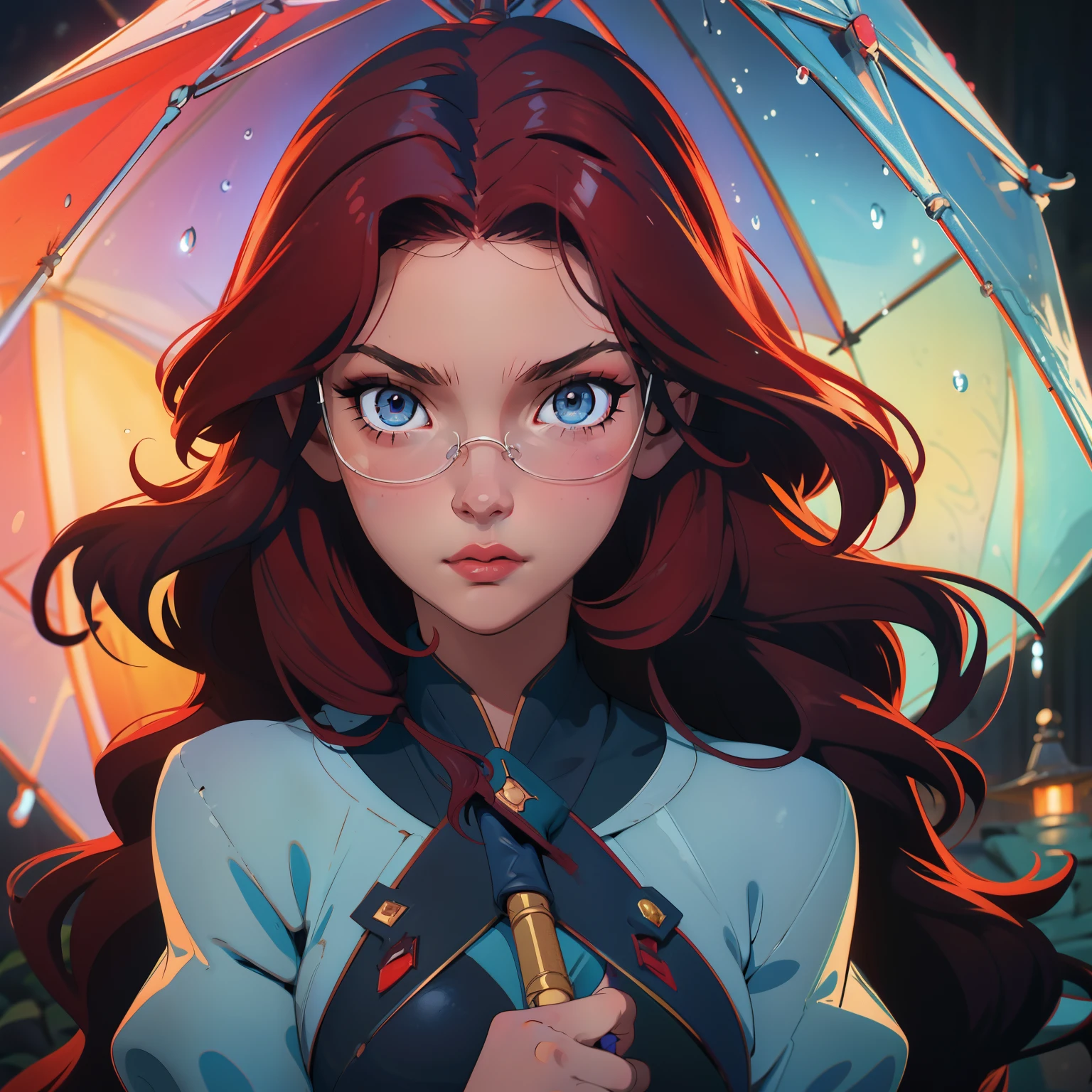 Masterpiece, best quality anime-style drawing, , deep red hair, dark blue eyes, at night, raining, holding an umbrella, extremely detailed.
The girl's expression is captured with utmost precision, the raindrops on her umbrella glistening with vibrant colors, reflecting the street lamps' soft light. Her deep red hair is intricately drawn, each strand shimmering under the dimly lit surroundings. Her dark blue eyes, filled with a sense of longing and melancholy, capture the viewer's attention. The raindrops on her glasses add an extra layer of detail, making the drawing even more