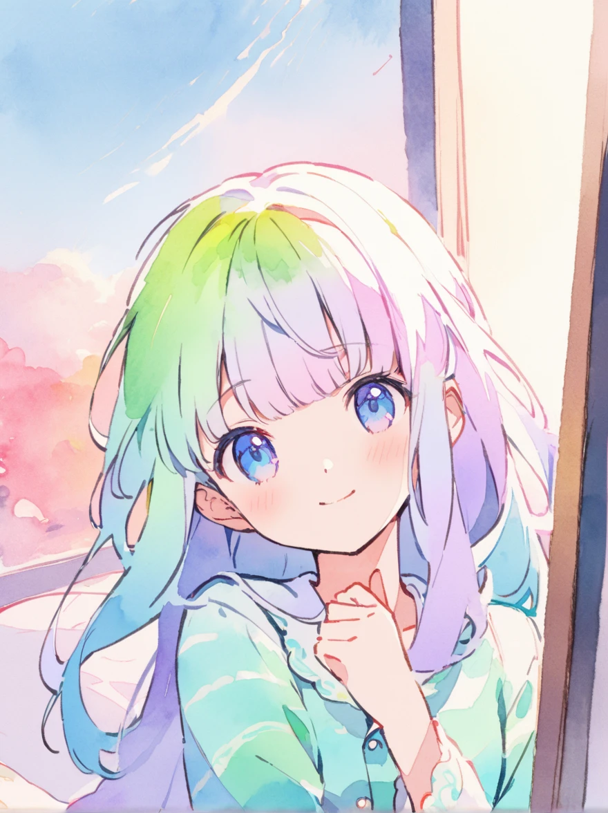 Low-saturation portrait, rough sketch, watercolor painting, Alphonse Mucha-like color scheme, light blue sky and blue sea that look like they were painted with a brush, a with lavender-colored hair, long wave hair,blunt bang hair, eyes of green color, Anime-style ,Light smiling,pajama,morning,bedroom,yawning,adjusting clothes,