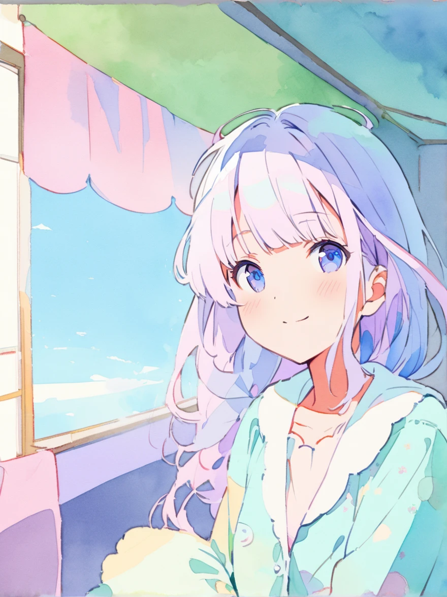 Low-saturation portrait, rough sketch, watercolor painting, Alphonse Mucha-like color scheme, light blue sky and blue sea that look like they were painted with a brush, a with lavender-colored hair, long wave hair,blunt bang hair, eyes of green color, Anime-style ,Light smiling,pajama,morning,bedroom,yawning,adjusting clothes,
