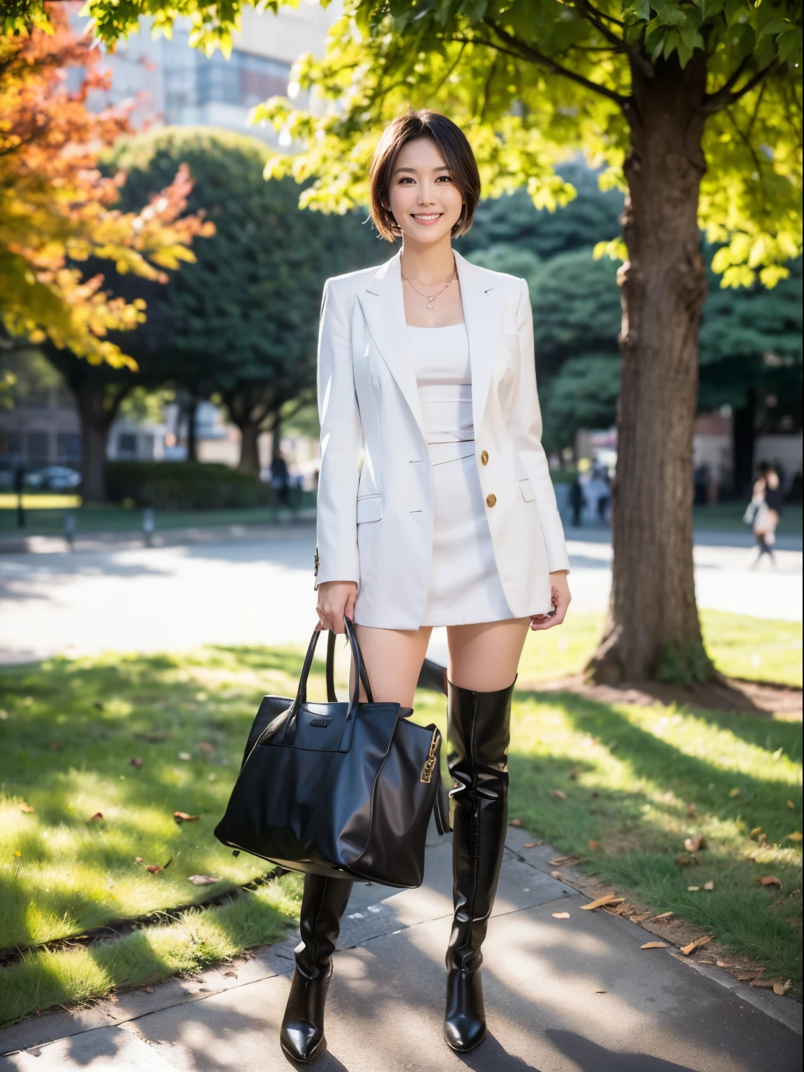 (Raw photo:1.2), (realistic:1.4),beautiful detailed woman,非常にfine eyesと顔, fine eyes, Super detailed,High resolution, very detailed,highest quality,enlightenment,unified,8k wallpaper,masterpiece,highest quality,1 female,alone,rich,Full body Esbian,(Standard body shape),Meaty legs,alone,(suit:1.4),(knee high boots:1.2)、(I have a business bag:1.4),jewelry, necklace ,short hair,gentle smile,dignified atmosphere,black eye,realistic,Hibiya Park , (morning park:1.1),(stand upright:1.4),(go to work:1.2)