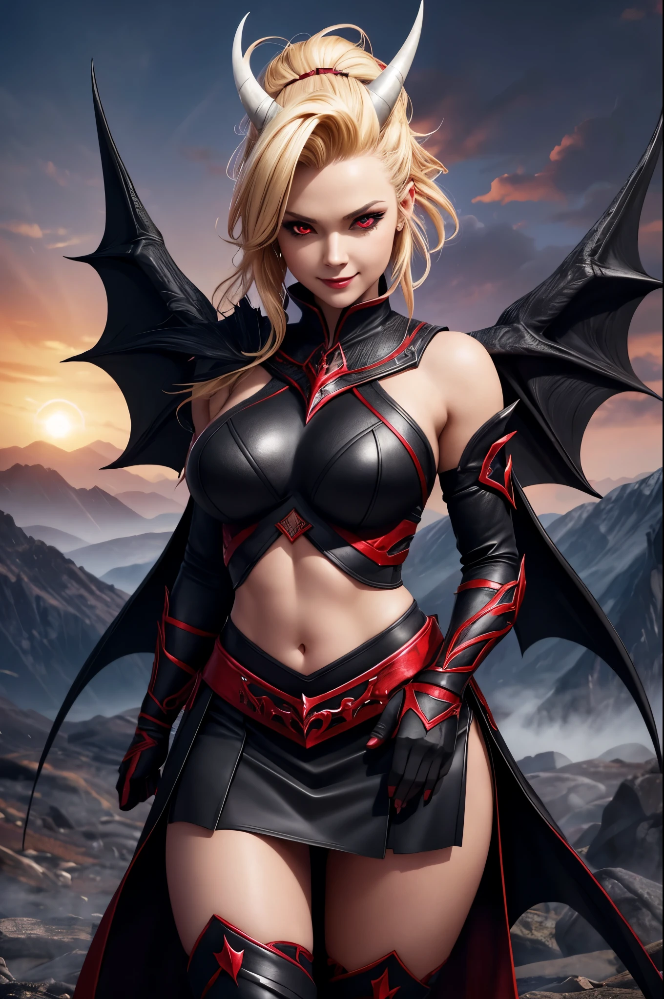 16 year old Adriana Lima, ultra detailed face, ultra detailed blue eyes, long blonde hair, fire, hell, (red dress), (((masterpiece, demon, bat wings, horns)))