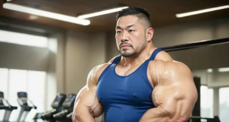 (tank top:1.4), (at gym:1.4), 40's, (Japanese face:1.4), (Korean face:1.4), (Chinese face:1.4), (Taiwanese face:1.4), manly face, fat face, (round face:1.4), (monolid eyes:1.2), (buzz cut:1.4), very large and strong body, bulky body, beefy muscles, (bulging muscles:1.4), (very large pectoral muscles:1.4), (muscular arms:1.4), muscular abs, muscular legs, muscular back, bright oily skin, (realistic:1.2), distant view