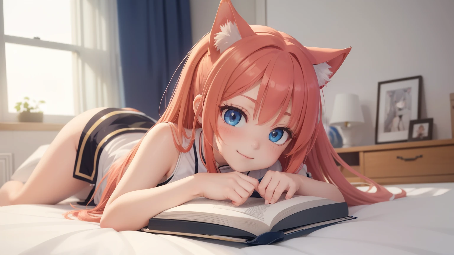 可愛いanime girl,reading a book,blue eyes, perfect face, detailed face, perfect body, beautiful eyes, beautiful face, (bright skin: 1.4), Idol, (full body), transparent,Room wear,fun,stuffed toy,Drink milk,anime girl, one girl,small details, 4k, 8K, 12k,beautiful girl, white woman, , Cat ear, luxury room,Tenjiku bed,red hair,(((highest quality))),((緻密でbeautiful eyes)),(eyelash),smile,anime girl, azur lane style, From the Azur Lane video game, Trending on Art Station Pixiv, very beautiful anime cat girl, Cat earのanime girl, splash art anime , It&#39;s trending on pixiv, anime moe art style