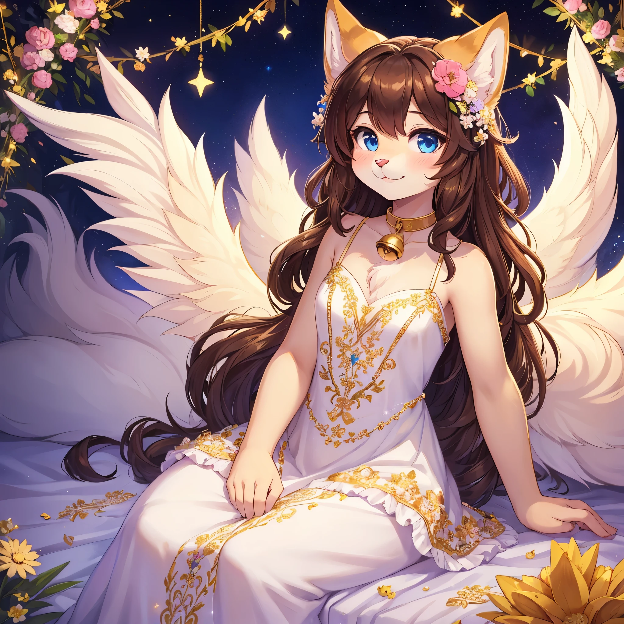 best quality,best resolution,(fluffy anthro furry :1.6),(young :1.6),dog girl,small breasts,gold canine ears,gold dog tail,gold body fur,dark brown long hair,wavy hair,curvy hair,blue eyes,sparkle eyes,glistering eyes,small bell collar,flower hair ornaments,white dress with flower embroidery,raffles,sleeveless,bare shoulder,sparkle dust around girl,fallen stars background,night sky,flowers surronded,floral decoraton ornaments,looking at viewer,full face blush,panoramic view,white gorgeous gown with gold floral embroidery,glowing white angle wings on girl back,happy face,smile,floating in air,upper body only,front view,sitting