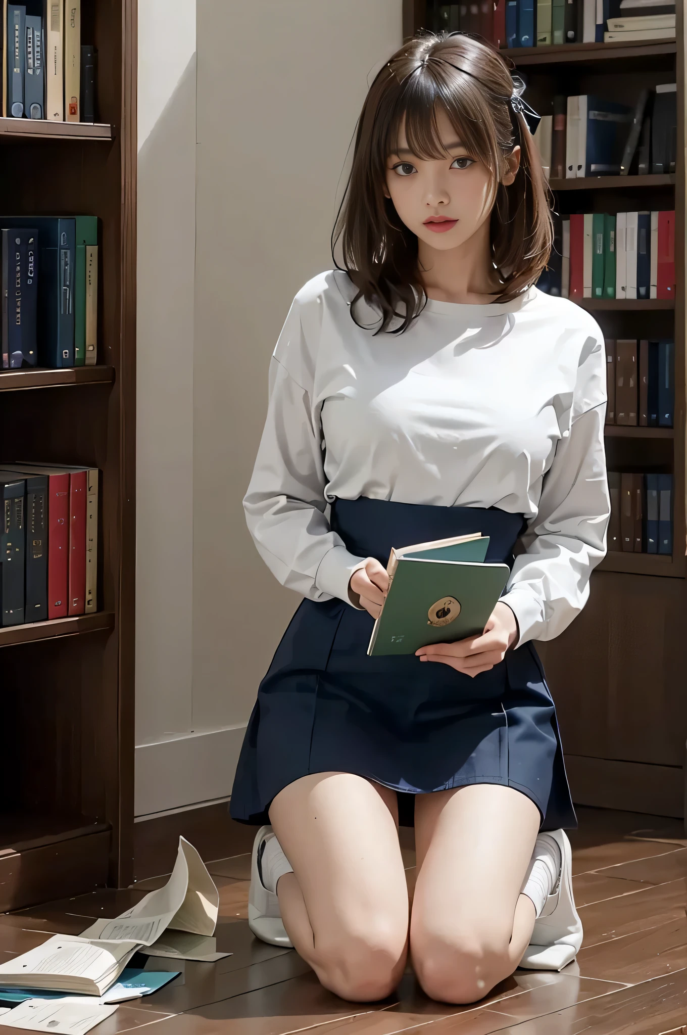 (high top fade:1.3)、calm colors、(natural skin texture、hyper realism、soft light、soft diffused lighting)、1 woman、(white blouse、Dark blue tight skirt、pinafore)、(Silk white ankle socks and black pumps), Wavy grey-brown hair decorated with a ribbon、((I get down on one knee to pick up a book that has fallen on the floor in front of the bookshelf.))、A quiet library、Library bookshelves are full of books