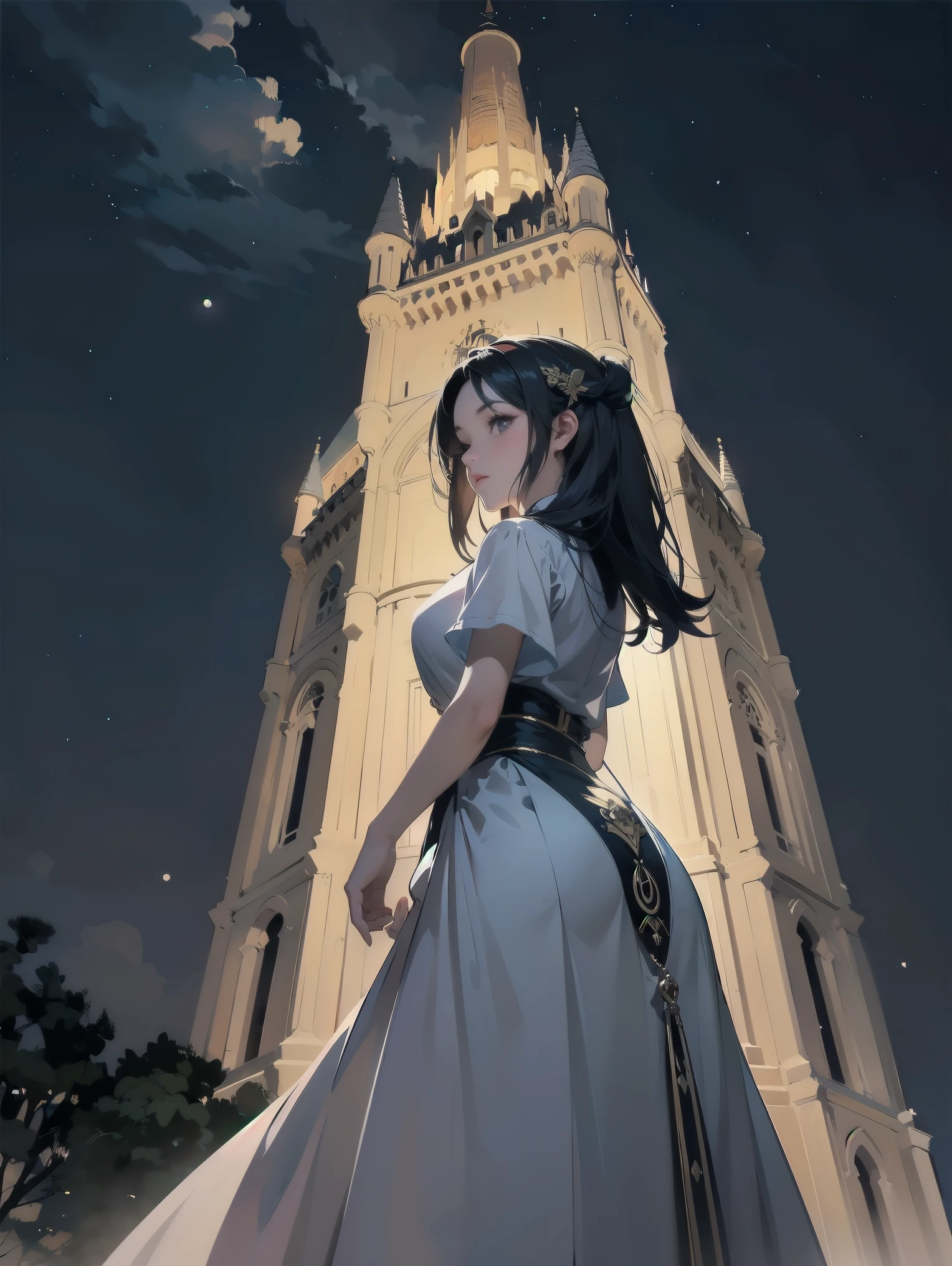 Girl looking up Scene 1: Twilight tower shadow The girl stands quietly against the sky, which is dyed an azure colour. Towering up in front of her is a huge structure called the Tower of Babel. Its form, which seems to pierce through the clouds, seems as if it is about to reach the heavens. The girl's gaze is directed towards the top of the tower. The tower, shrouded in evening darkness, creates a fantastic atmosphere. The surface of the tower is engraved with intricate patterns. It looks like ancient writing. The girl seems to sense something deep within the tower. Is it the memory of a masterpiece story or a longing for an unknown fantasy world? Scene 2: Memory of the starry sky The girl stands at the top of the tower amidst countless twinkling stars in the night sky. At her feet, the lights of the city shine like jewels. The girl closes her eyes and takes a deep breath. The scent of the night breeze is mixed with the old smell of the tower. The girl's mind replayed a famous story. It was a story of adventure and friendship that the girl read as a . The hero of the story, like the girl, climbed the Tower of Babel. There, she meets her friends and overcomes various difficulties. The girl dreamed that one day she, like the hero, would go on an adventure. Scene 3: The promise of the morning glow The girl left the tower just as the light of the morning sun was illuminating it. Looking back, the tower shone in the morning sun and even looked divine. The girl decides that one day she will climb this tower again. And when she does, she vows to spin out the rest of the masterpiece's story. Step by step, the girl walked into the future.