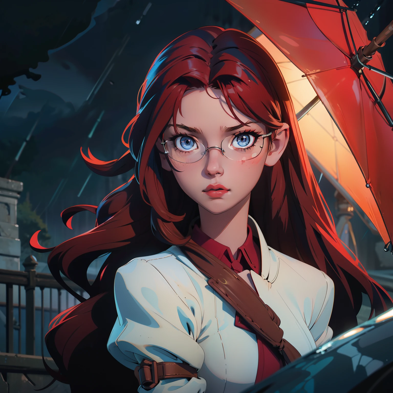 Masterpiece, best quality anime-style drawing, -yeld gi deep red hair, dark blue eyes, at night, raining, holding an umbrella, extremely detailed.

The girl's expression is captured with utmost precision, the raindrops on her umbrella glistening with vibrant colors, reflecting the street lamps' soft light. Her deep red hair is intricately drawn, each strand shimmering under the dimly lit surroundings. Her dark blue eyes, filled with a sense of longing and melancholy, capture the viewer's attention. The raindrops on her glasses add an extra layer of detail, making the drawing even more