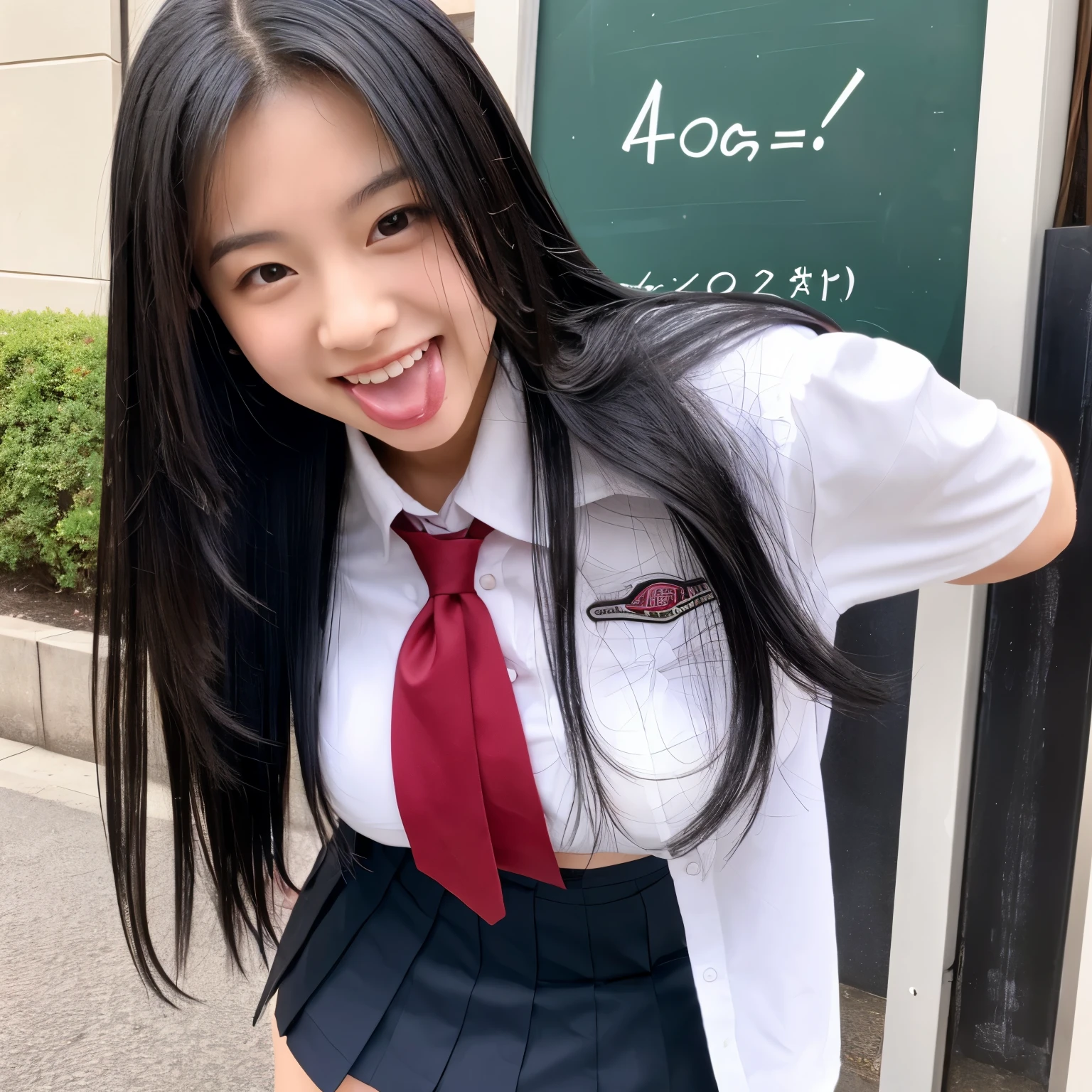 student、long hair、black hair、uniform、mini skirt、beautiful woman、smile、tongue licking、big breasts、