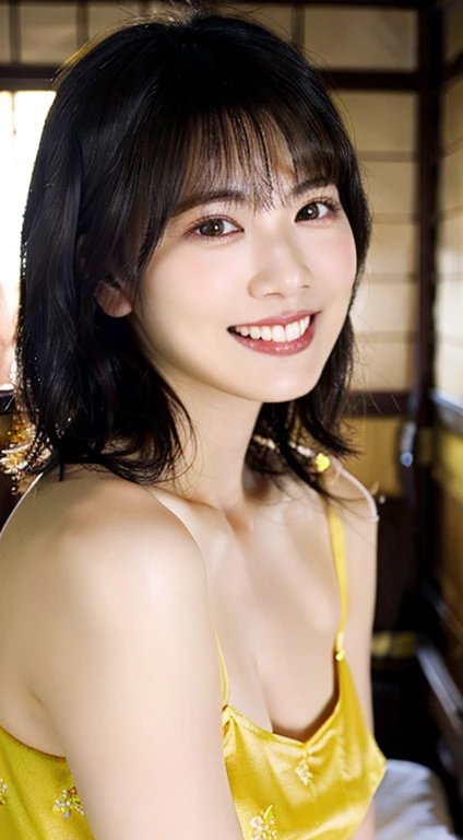 (highest quality, 8K, 32k, masterpiece, UHD:1.2),beautiful japanese women pictures, black haired, very short bob hair,beautiful face,(leaning forward:1.3),squat,Photoreal, (1 Ultimate beauty), highly detailed face, (perfect teeth), detailed eye, double eyelid, eyelash, grin and laugh, lip details, brunette bob, big breasts, light makeup, Japanese-style room at a ryokan,Inn work,Welcome customers,beautiful clavicle,Cat，寝ているCat