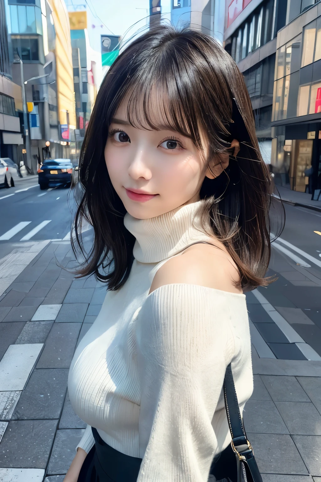 (huge tit、Turtleneck Knitwear、Shoulder bag)、(highest quality,masterpiece:1.3,超A high resolution,),(super detailed,caustics),(Photoreal:1.4,RAW shooting,)ultra-realistic capture,very detailed,High definition 16K for human skin、 Natural skin texture、、Skin looks even-toned and healthy、 Use natural light and color,one woman,25 years old Japanese,,cute,black haired,middle hair,(Depth of the bounds written、chromatic aberration、、wide range of lighting、natural shading、)、(hair swaying in the wind:1.2)、Tokyo cityscape