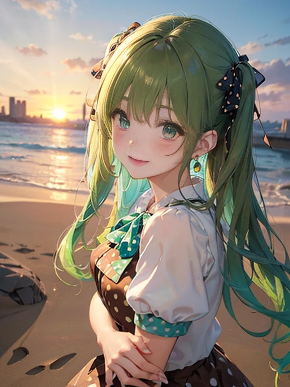 （red glasses）、小さなgirl、The arrival of autumn、big butt、 (alone:1.5,)Super detailed,bright colors, very beautiful detailed anime face and eyes,highest quality, hyper detail, masterpiece, look straight, ;shiny_skin,girl, ((gradient hair, , Half white、Half green hair: 1.2)) 、forehead is exposed、shiny hair, delicate beautiful face, blush、(turquoise eyes), White skin, Valletta, mature earrings,、sandy beach、sunset、((ribbon、(check、Fashionable blouses、polka dots、brown skirt)))、twin tails、smile、happy face、face dyed red