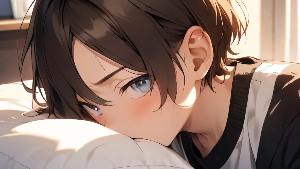 (crying:1.5)saddened、tearful、18 year old high school student、boy、brown hair、short hair、one's home、