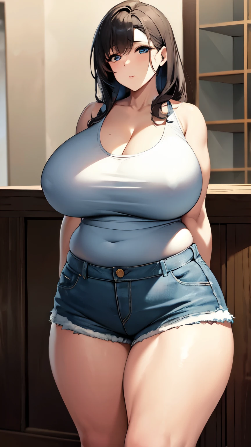 huge breasts, big hips, Tank top, denim shorts, full body shot, mature mother, Whip whip lower body, plump thighs, plump calves, bewitching mature woman, Perfect body, plus size model,