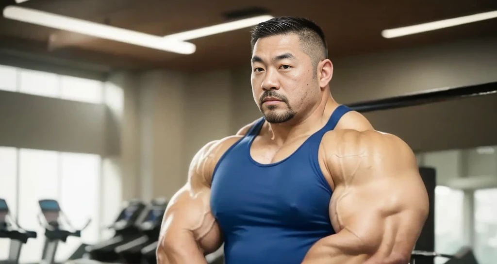 (tank top:1.4), (at gym:1.4), 40's, (Japanese face:1.4), (Korean face:1.4), (Chinese face:1.4), (Taiwanese face:1.4), manly face, fat face, (round face:1.4), (monolid eyes:1.2), (buzz cut:1.4), very large and strong body, bulky body, beefy muscles, (bulging muscles:1.4), (very large pectoral muscles:1.4), (muscular arms:1.4), muscular abs, muscular legs, muscular back, bright oily skin, (realistic:1.2), distant view