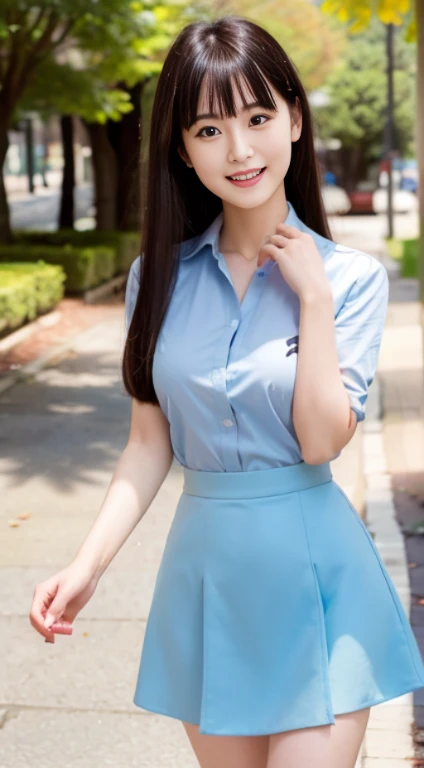 ((highest quality,8K,masterpiece:1.3)), Japanese, 24 year old female model, small breasts、bangs、black haired、long hair、straight hair、(Light blue dress shirt）,（flare skirt:1.2),Slim figure、small breasts、laughter、The background is an empty park、