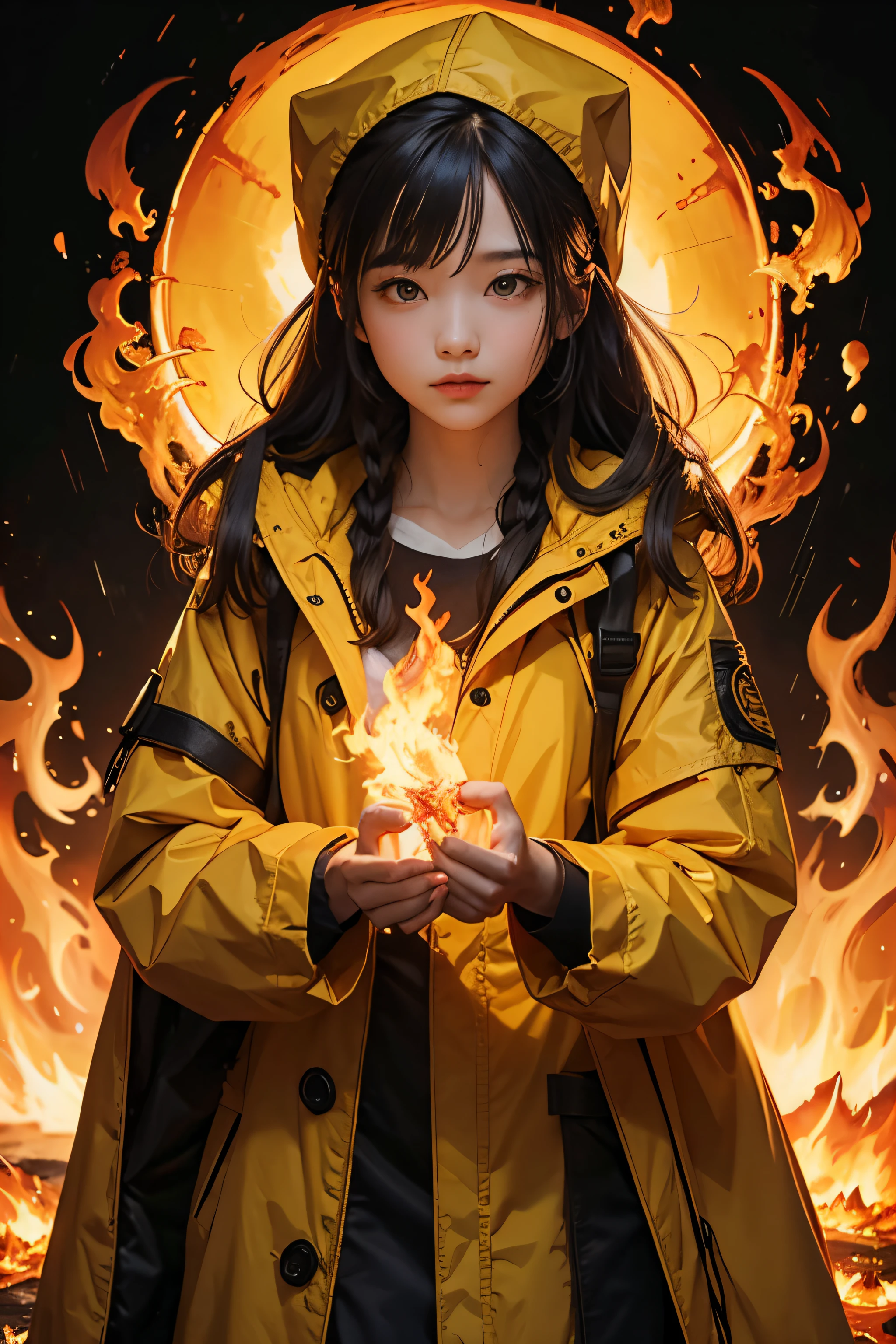 Hand holding fire, Yellow background, usinh rain coat