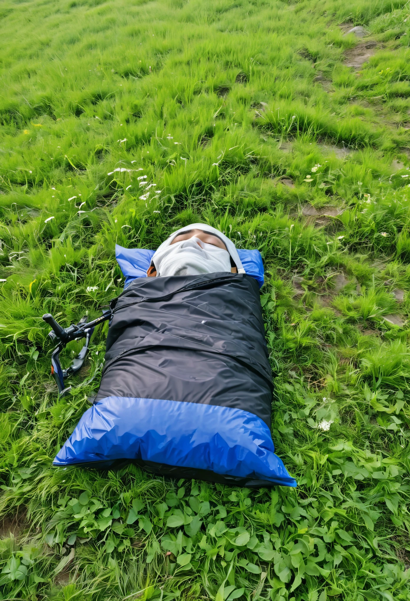 I sleep on hill grass with sad face , side keep bags and cycle