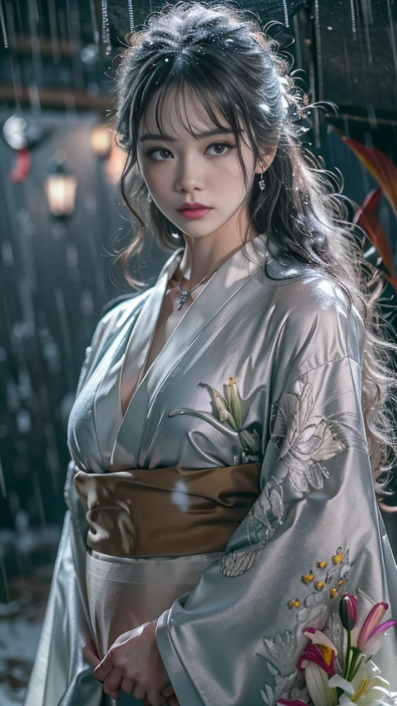 (RAW shooting, Photoreal:1.5, 8K, highest quality, masterpiece, ultra high resolution), ((((heavy snow, Blizzard)))), Highly detailed skin and facial textures:1.3, perfect dynamic composition:1.2, (In front of a shrine at night in a modern city, expression of sadness:1.0, Tears are flowing:1.0, cry with a broken heart:1.0), Slim office lady wet in the rain:1.3, cowboy shot, Fair skin:1.2, sexy beauty:1.1, perfect style:1.2, beautiful and aesthetic:1.1, very beautiful face:1.2, water droplets on the skin, (rain drips all over my body:1.2, wet body:1.2, wet hair:1.3), (Professional kimono dressing:1.1, Holding a bouquet of wet lilies:1.2, Wear your wet silver kimono correctly:1.3), (Medium chest, Bra is transparent, Chest gap), (Eyes that feel beautiful eros:0.8, Too erotic:0.8, Bewitching:0.8), necklace, earrings, bracelet, wedding ring, Highly detailed and accurate hand and finger representation
