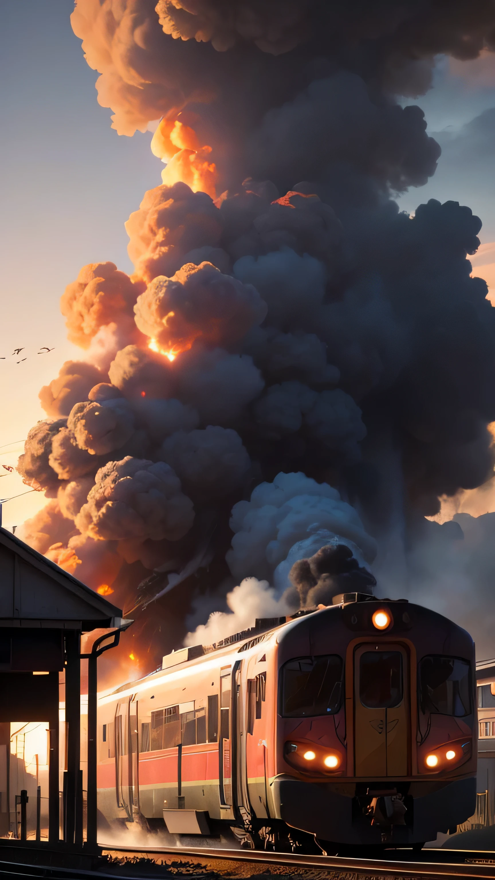 train crash, train station on fire, 8k, high quality 