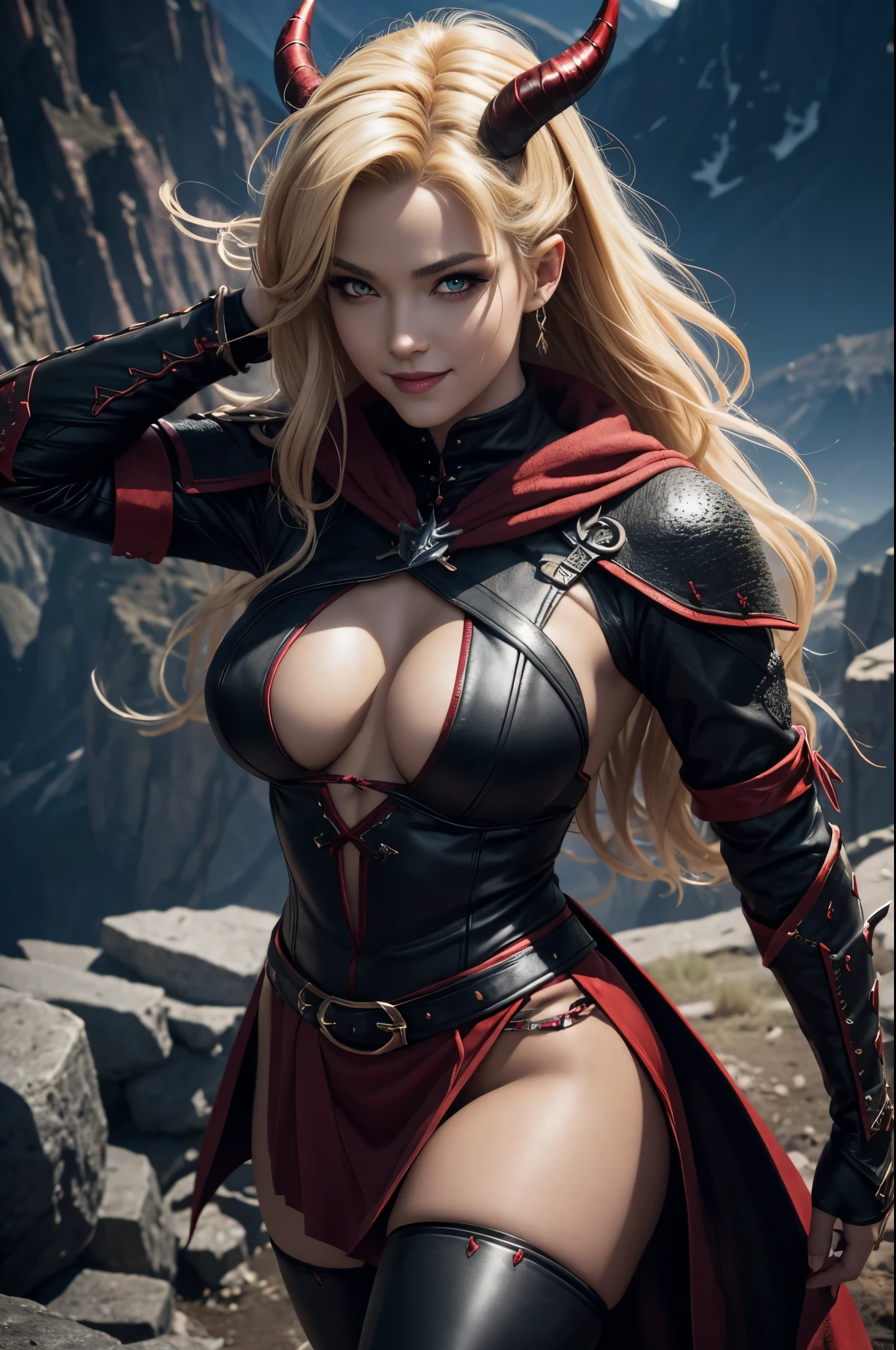 8K,Demon Slayer, the female demon,Super beautiful(like the real thing),Sexy black and red outfit,black tight skirt,devil's horns,red eyes,masterpiece,Photorealistic RAW photos of the highest quality。bright colors,rich colors, Backlight, cinematic lighting, film grain, to be born, 50MM lens, Nikon D850,fantasy art,character art,ultra high resolution,super realistic skin,beautiful expression,Dark mountain range,Devil makeup,blonde mohawk hair,smile,Close-up,perspective from above,dynamic pose,