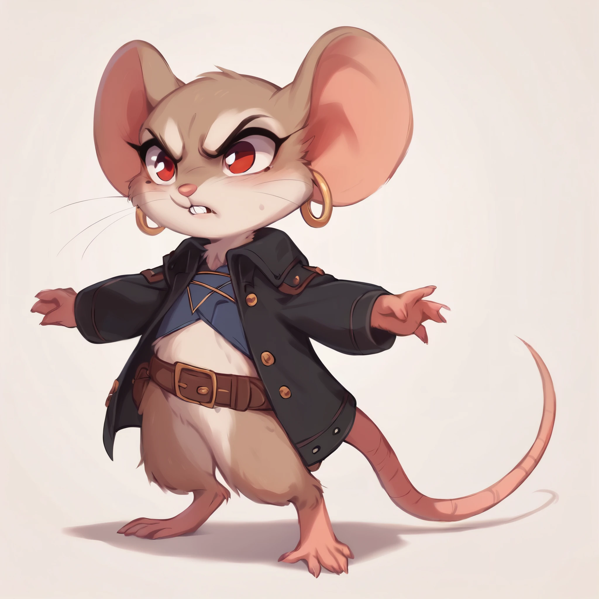 score_9, score_8_up, score_7_up, score_6_up, score_5_up, score_4_up, show accurate, full body, hungry body, simple background, (solo), (semi anthro), mouse, female mouse, fur body, ultra fine fur, standing, red eyes, ((light brown dull fur)), black color open collared cape, leather belt with small backpack, determined look, hairless, bald, hoop earring,