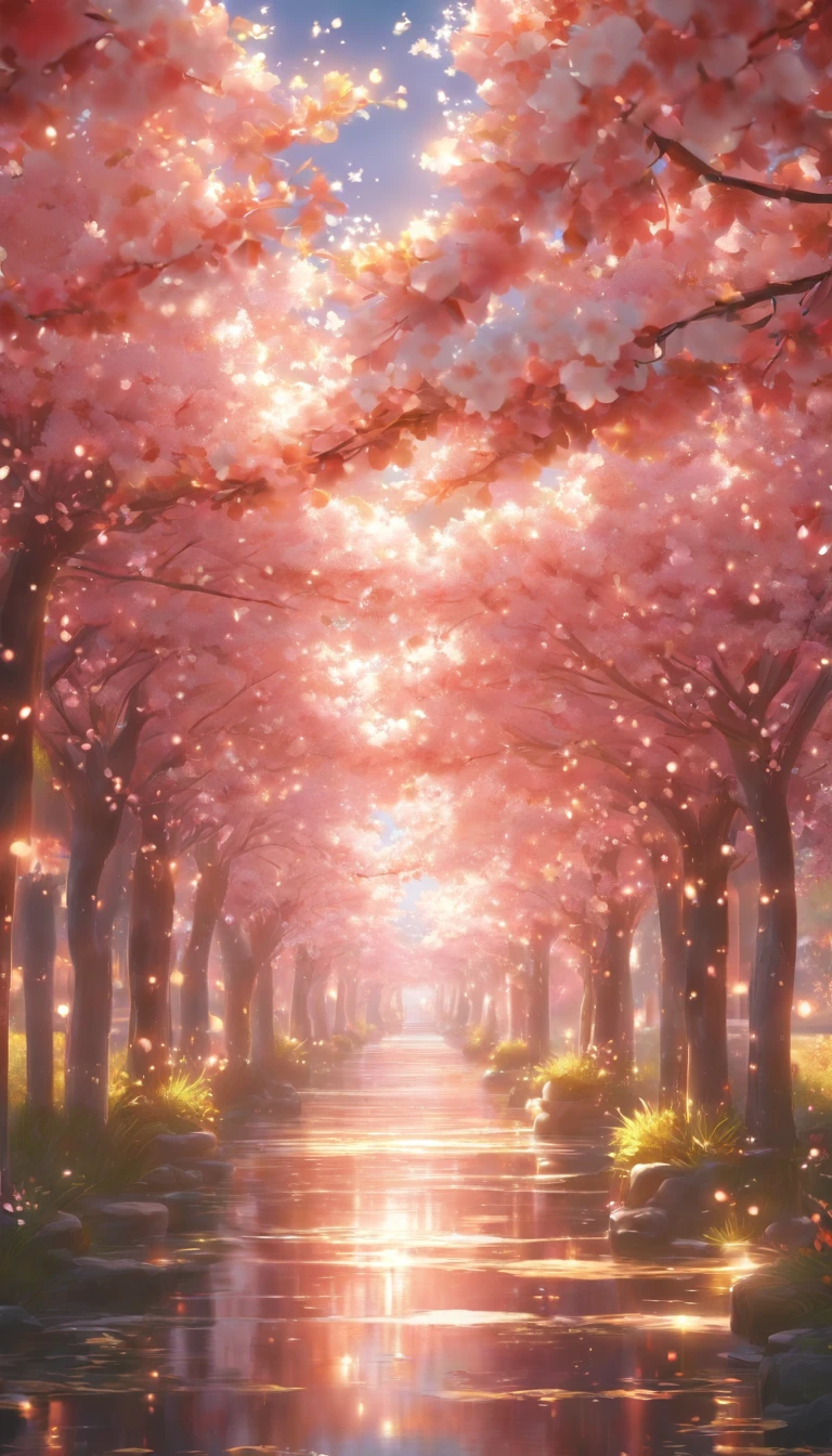 (highest quality, 32K resolution, High resolution, Super detailed, realistic,Finely drawn details), Unreal 5 Engine, tokyo illumination, Romantic motifs, Rosa making portal, majestic background, Flower Environment, beautiful scenery, flower bed on the floor, Wallpaper aesthetics, E-commerce live room background,ultra-realistic rendering, exquisite composition, Breathtaking wallpapers, stunning visuals, 風景Wallpaper aesthetics, red background, Red reflection, C4D rendering, top quality, Raw photo"Pure white cherry blossoms,pure white background,Pink Cherry Blossoms,Shining cherry blossoms