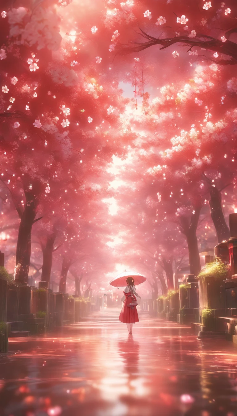 (highest quality, 32K resolution, High resolution, Super detailed, realistic，Finely drawn details), Unreal 5 Engine, tokyo illumination, Romantic motifs, Rosa making portal, majestic background, Flower Environment, beautiful scenery, flower bed on the floor, Wallpaper aesthetics, E-commerce live room background，ultra-realistic rendering, exquisite composition, Breathtaking wallpapers, stunning visuals, 風景Wallpaper aesthetics, red background, Red reflection, C4D rendering, top quality, Raw photo"Pure white cherry blossoms,pure white background,Pink Cherry Blossoms,Shining cherry blossoms