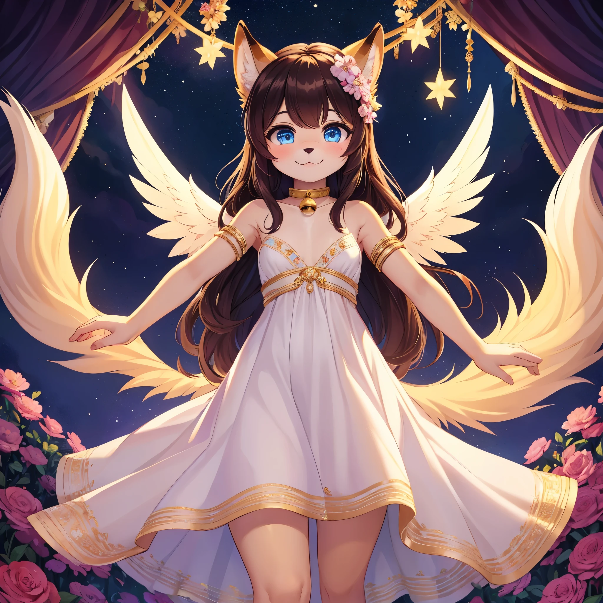 best quality,best resolution,(fluffy anthro furry :1.6),(young :1.6),dog girl,small breasts,gold canine ears,gold dog tail,gold body fur,dark brown long hair,wavy hair,curvy hair,blue eyes,sparkle eyes,glistering eyes,small bell collar,flower hair ornaments,white see throught dress with flower embroidery,raffles,sleeveless,bare shoulder,sparkle dust around girl,fallen stars background,night sky,flowers surronded,floral decoraton ornaments,looking at viewer,full face blush,panoramic view,white gorgeous gown with gold floral embroidery,glowing white angle wing on girl back,happy face,smile,floating in air,sexy pose,upper body only,front view