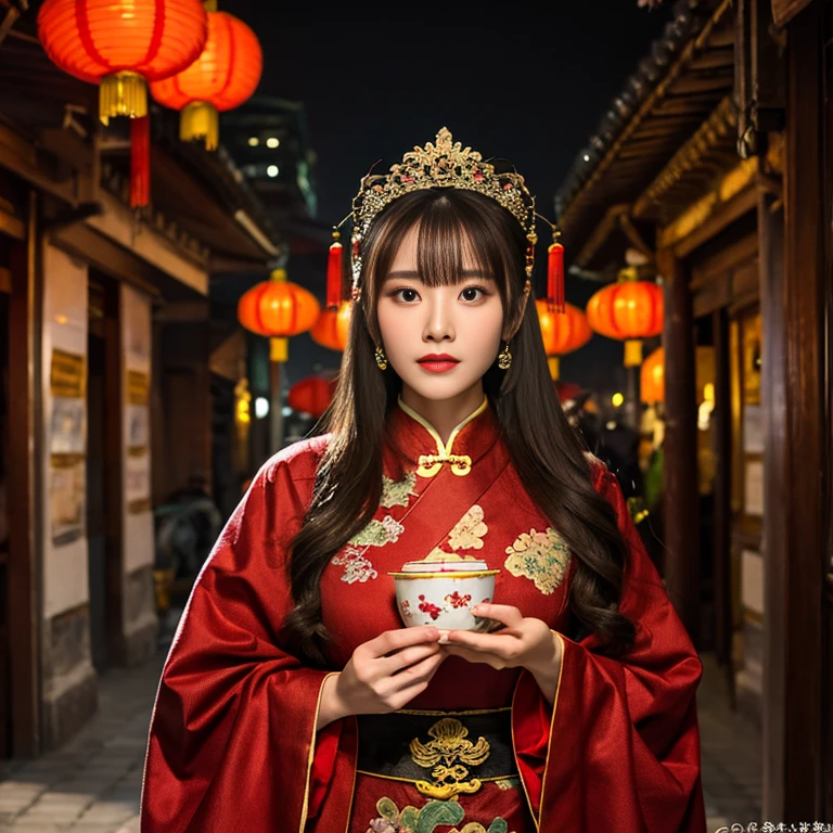 masutepiece,8K,Top quality,Very complex and detailed depiction)), (the majestic and beautiful Chinese princess: 1.5), long hair, the beautiful Chang'an City at night、((The most beautiful and majestic Chinese princess big costume、the most vivid and luxurious costume、big long costume、The most luxurious and largest Chang'an capital、Beautiful and magnificent ancient Chinese architecture, Chang'an City is illuminated by red lantern lights, Luxurious buildings The decoration is very elaborate、very Chinese architecture luxurious ancient)) looks charming Soft smile, Perfect makeup, long eyelashes, lipstick, pink eyeshadow, perfect anatomy, (clear japanese ancient house background: 1.2)