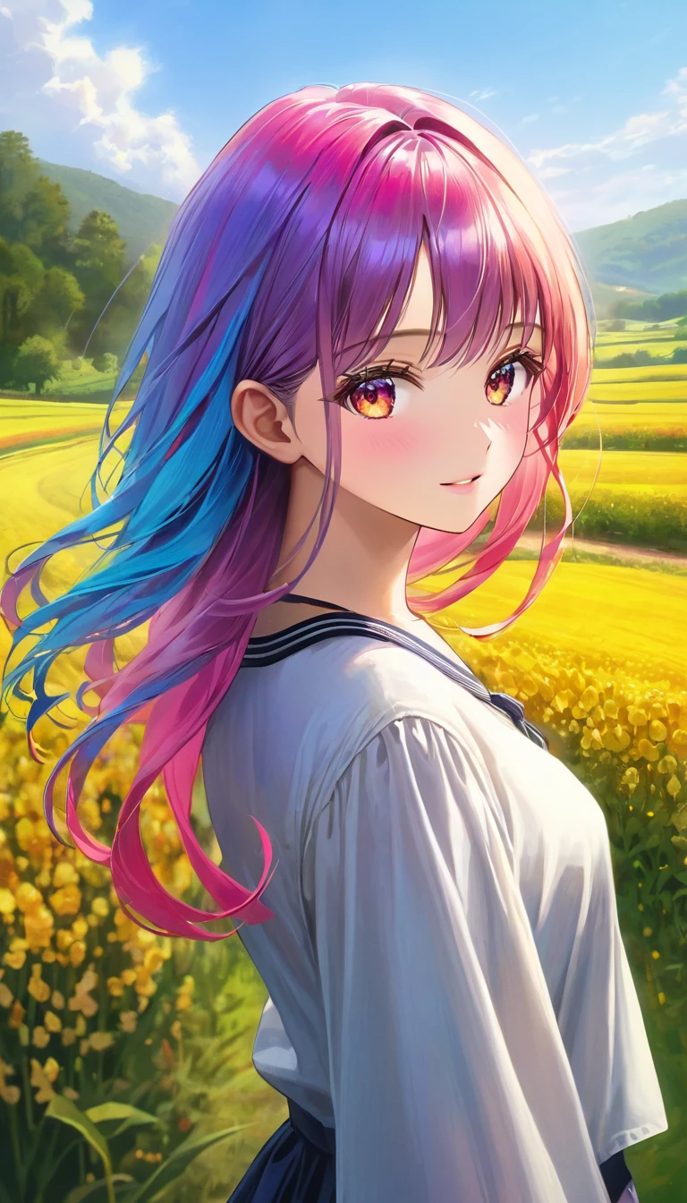 (best quality,4k,8k,highres,masterpiece:1.2),ultra-detailed,(realistic,photorealistic,photo-realistic:1.37),colorful flowing hair,vibrant expression,dreamy landscape,oil painting style,soft lighting,portrait,landscape,impressionism,pastel colors,full body