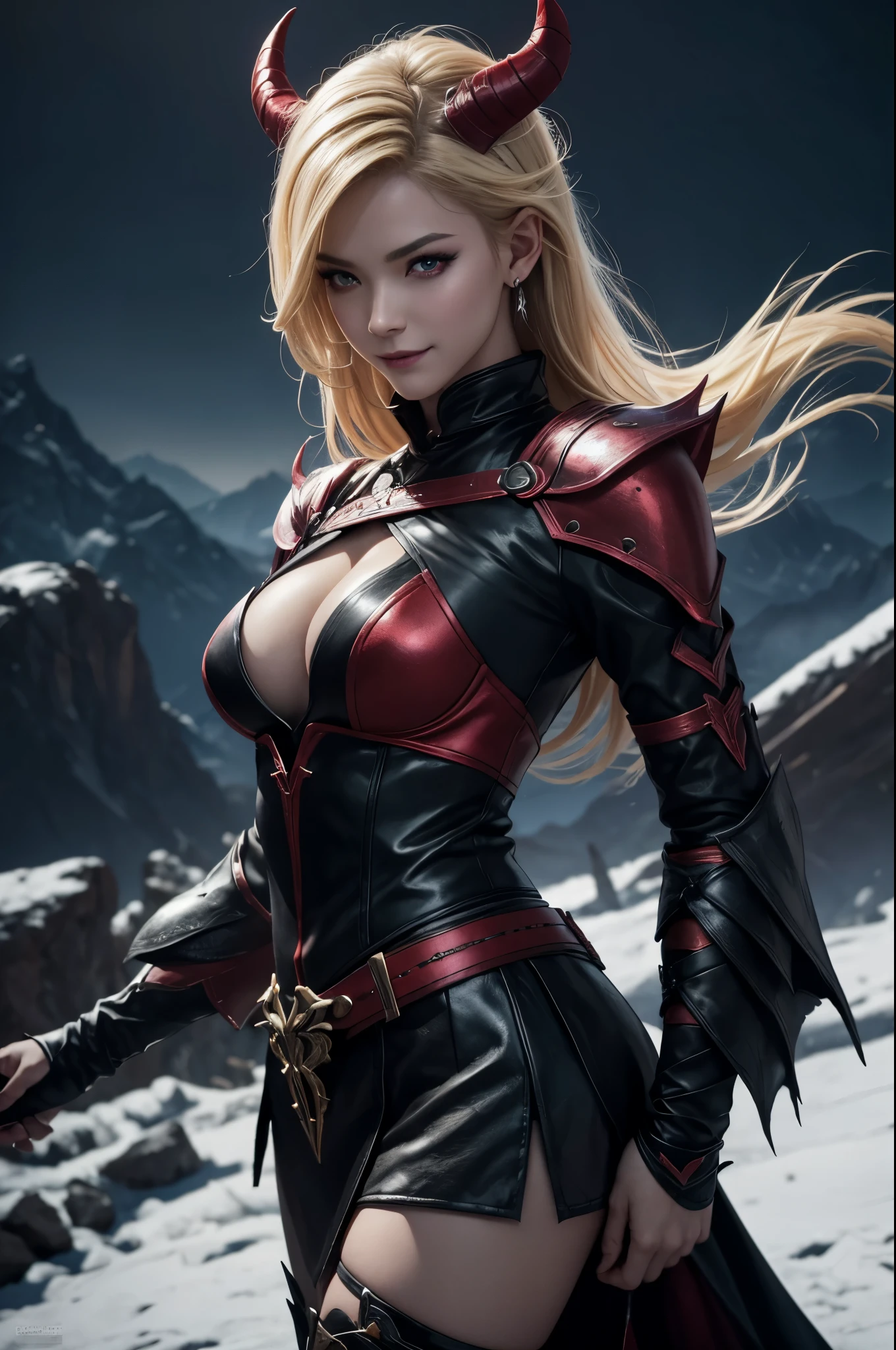 8K,Demon Slayer, the female demon,Super beautiful(like the real thing),黒と赤のsexyな衣装,black tight skirt,devil's horns,red eyes,masterpiece,Photorealistic RAW photos of the highest quality。bright colors,rich colors, Backlight, cinematic lighting, film grain, to be born, 50MM lens, Nikon D850,fantasy art,character art,ultra high resolution,super realistic skin,beautiful expression,Dark mountain range,Devil makeup,blonde mohawk hair,smile,Close-up,perspective from above,dynamic pose,sexy,