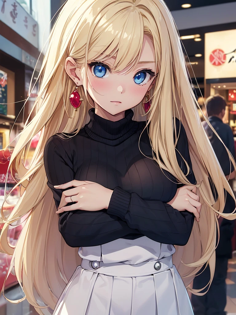 top quality、Top image quality、​Masterpiece、girl with((18 years old、best bust、big bast,beautiful blue eyes、Breasts wide open, a blonde、A slender one,Oyama Valley、Black Sweater、white pants、Spread your arms to the sides、ruby earrings)）high quality、beautiful art、background with((Large shopping malls、Visual arts、depth of field、Shoujo manga style