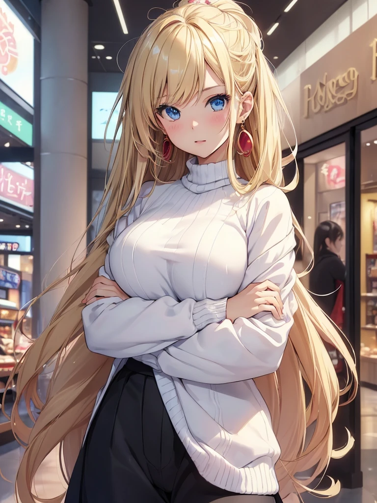 top quality、Top image quality、Masterpiece、girl with((18 years old、best bust、big bast,beautiful blue eyes、Breasts wide open, a blonde、A slender one,Oyama Valley、Black Sweater、white pants、Spread your arms to the sides、ruby earrings))high quality、beautiful art、background with((Large shopping malls、Visual arts、depth of field、Shoujo manga style