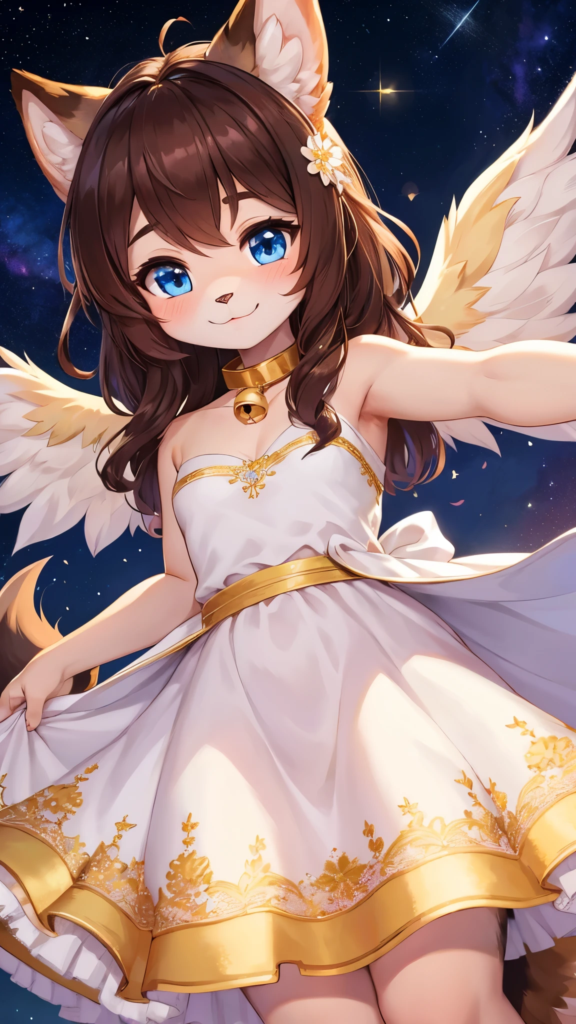 best quality,best resolution,(fluffy anthro furry :1.6),(young :1.6),dog girl,small breasts,gold canine ears,gold dog tail,gold body fur,dark brown long hair,wavy hair,curvy hair,blue eyes,sparkle eyes,glistering eyes,small bell collar,flower hair ornaments,white dress with flower embroidery,raffles,sleeveless,bare shoulder,sparkle dust around girl,fallen stars background,night sky,flowers surronded,floral decoraton ornaments,looking at viewer,full face blush,panoramic view,white gorgeous gown with gold floral embroidery,glowing white angle wings on girl back,happy face,smile,floating in air,upper body only,front view,low angle,armpits