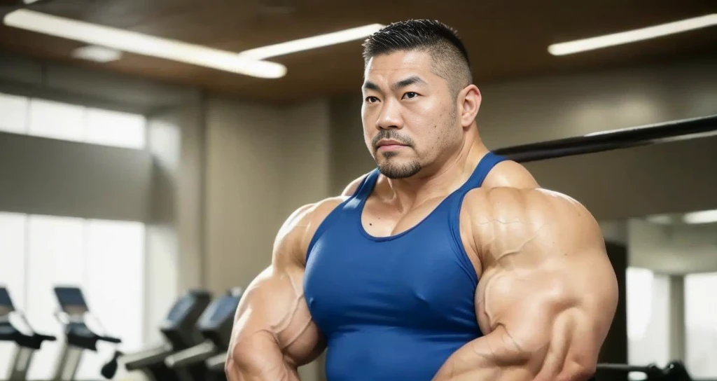 (tank top:1.4), (at gym:1.4), 40's, (Japanese face:1.4), (Korean face:1.4), (Chinese face:1.4), (Taiwanese face:1.4), manly face, fat face, (round face:1.4), (monolid eyes:1.2), (buzz cut:1.4), very large and strong body, bulky body, beefy muscles, (bulging muscles:1.4), (very large pectoral muscles:1.4), (muscular arms:1.4), muscular abs, muscular legs, muscular back, bright oily skin, (realistic:1.2), distant view