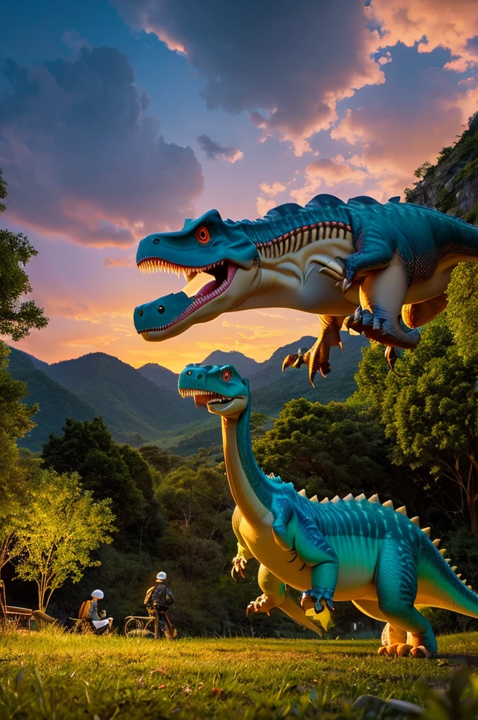 realistic、Wearing a dinosaur headgear、Wearing a flashy suit、realistic夜の新宿の町の中、There are a few passers-by、Landscape、dusk、