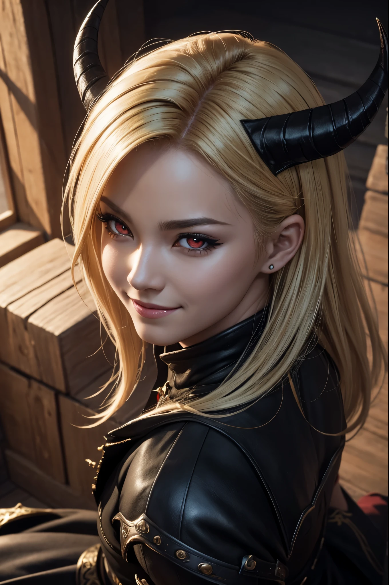 8K,Demon Slayer, the female demon,Super beautiful(like the real thing),黒と赤のsexyな衣装,black tight skirt,devil's horns,red eyes,masterpiece,Photorealistic RAW photos of the highest quality。bright colors,rich colors, Backlight, cinematic lighting, film grain, to be born, 50MM lens, Nikon D850,fantasy art,character art,ultra high resolution,super realistic skin,beautiful expression,Dark mountain range,Devil makeup,blonde mohawk hair,smile,Close-up,perspective from above,dynamic pose,sexy,